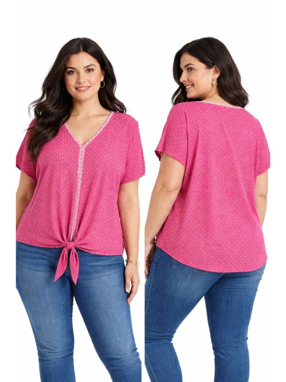 JM Collection Blouse Small Pink Geometric Ditsy Tie-Front Smart Casual Preppy